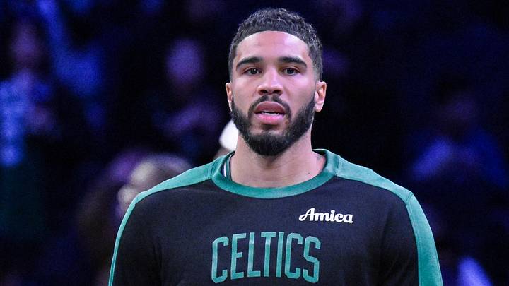 Mar 15, 2025; Brooklyn, New York, USA; Boston Celtics forward Jayson Tatum (0) warms up before a game against the Brooklyn Nets at Barclays Center. Mandatory Credit: John Jones-Imagn Images