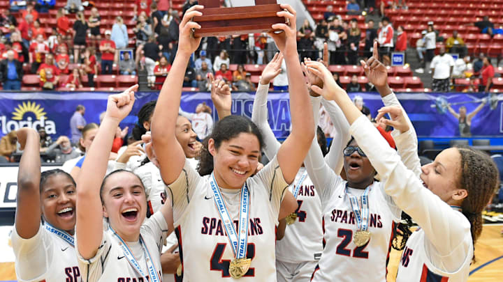 Miami Country Day celebrates their Class 3A State Final State Championship win 75-51 over Cardinal Mooney Friday evening, March 2, 2024, at the RP Funding Center in Lakeland, Florida.