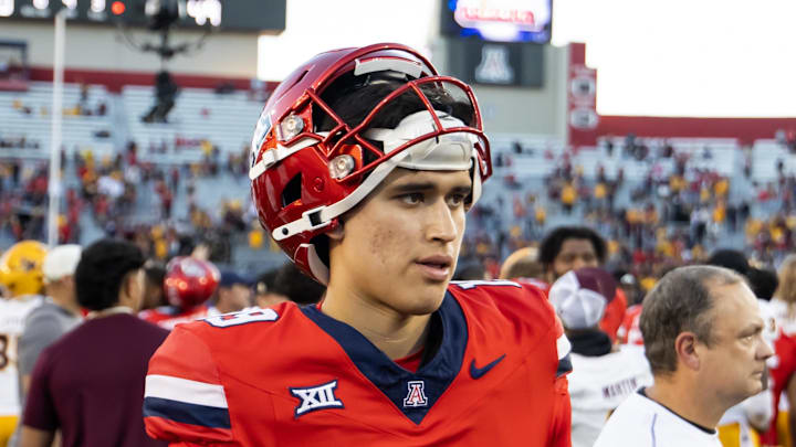 Nov 30, 2024; Tucson, Arizona, USA; Arizona Wildcats kicker Michael Salgado-Medina (19) against the Arizona State Sun Devils during the Territorial Cup at Arizona Stadium. Mandatory Credit: Mark J. Rebilas-Imagn Images