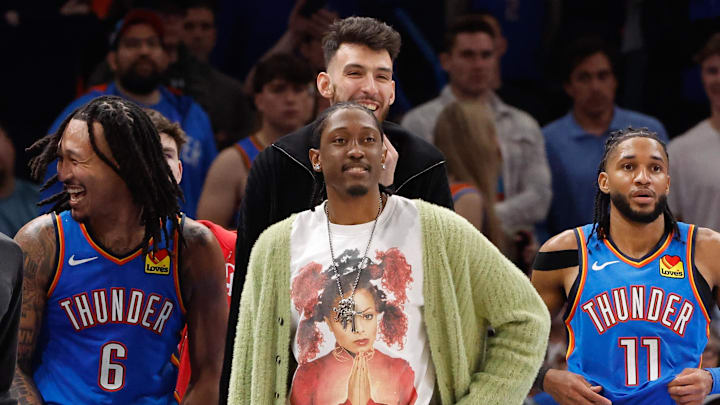 Mar 7, 2025; Oklahoma City, Oklahoma, USA; Oklahoma City Thunder forward Jalen Williams (8) watches as his team play against the Portland Trail Blazers during the second half at Paycom Center. Mandatory Credit: Alonzo Adams-Imagn Images Mar 7, 2025; Oklahoma City, Oklahoma, USA; Oklahoma City Thunder forward Jalen Williams (8) watches as his team play against the Portland Trail Blazers during the second half at Paycom Center. Mandatory Credit: Alonzo Adams-Imagn Images