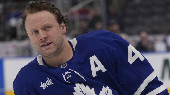 Mar 12, 2026; Toronto, Ontario, CAN; Toronto Maple Leafs defenseman Morgan Rielly (44) skates warm up before a game against the Anaheim Ducks at Scotiabank Arena. Mandatory Credit: John E. Sokolowski-Imagn Images