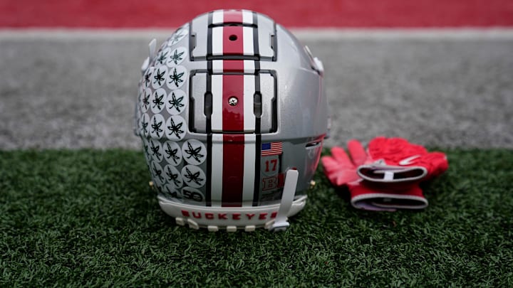 An Ohio State Buckeyes helmet sits on the sideline prior to the NCAA football game against the Indiana Hoosiers at Ohio Stadium in Columbus on Saturday, Nov. 23, 2024.