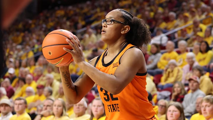 Feb 25, 2026; Ames, Iowa, USA;Oklahoma State Cowboys guard Stailee Heard (32) shoots against the Iowa State Cyclones in the second half at James H. Hilton Coliseum. Mandatory Credit: Reese Strickland-Imagn Images