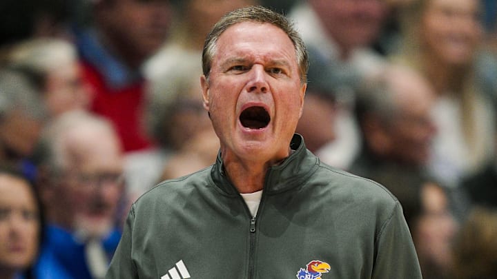 Oct 28, 2025; Lawrence, KS, USA; Kansas Jayhawks head coach Bill Self reacts during the first half against the Fort Hays State Tigers at Allen Fieldhouse. Mandatory Credit: Jay Biggerstaff-Imagn Images