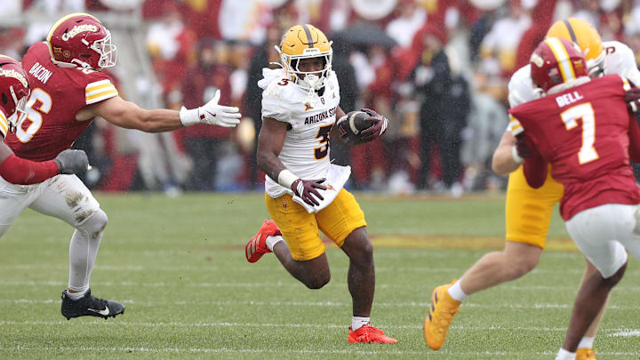 Nov 1, 2025; Ames, Iowa, USA; Arizona State Sun Devils running back Raleek Brown (3) runs the football against the Iowa State Cyclones during the first half at Jack Trice Stadium. Mandatory Credit: Reese Strickland-Imagn Images