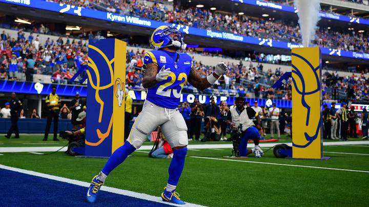 Oct 2, 2025; Inglewood, California, USA;Los Angeles Rams running back Kyren Williams (23) takes the field before the game against the San Francisco 49ers at SoFi Stadium. Mandatory Credit: Gary A. Vasquez-Imagn Images