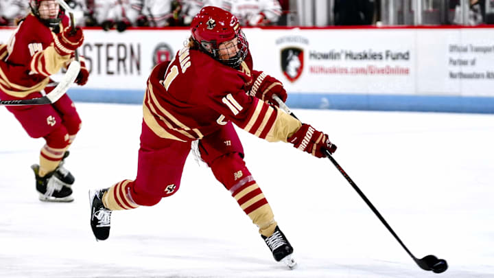 Ava Thomas fires a shot towards the net against Northeastern in the final women's hockey game at Matthew's Arena. Ava Thomas fires a shot towards the net against Northeastern in the final women's hockey game at Matthew's Arena.