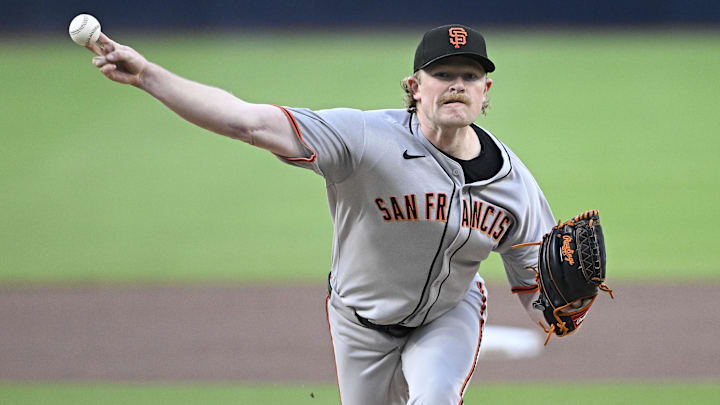 Apr 29, 2025; San Diego, California, USA; San Francisco Giants starting pitcher Logan Webb (62) delivers during the first inning against the San Diego Padres at Petco Park. Apr 29, 2025; San Diego, California, USA; San Francisco Giants starting pitcher Logan Webb (62) delivers during the first inning against the San Diego Padres at Petco Park.