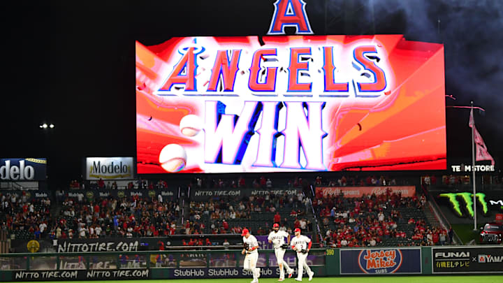 Sep 30, 2022; Anaheim, California, USA; Los Angeles Angels center fielder Mike Trout (27) left