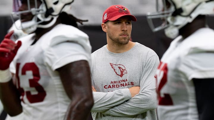Defensive coordinator Nick Rallis during training camp at State Farm Stadium in Glendale on July 31, 2023. Defensive coordinator Nick Rallis during training camp at State Farm Stadium in Glendale on July 31, 2023.