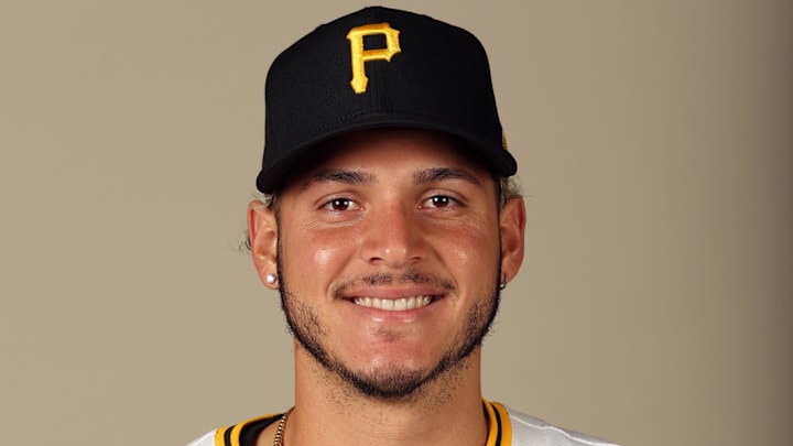 Feb 20, 2024; Bradenton, FL, USA;  Pittsburgh Pirates catcher Abraham Gutierrez (73) poses for a photo during photo day at Pirate City. Mandatory Credit: Kim Klement Neitzel-Imagn Images