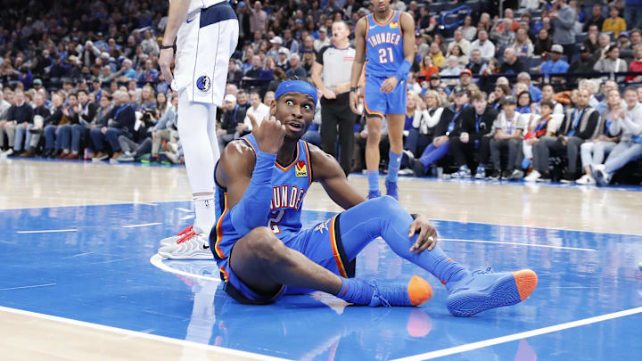 Jan 23, 2025; Oklahoma City, Oklahoma, USA; Oklahoma City Thunder guard Shai Gilgeous-Alexander (2) gestures after a play against the Dallas Mavericks during the second half at Paycom Center. Mandatory Credit: Alonzo Adams-Imagn Images
