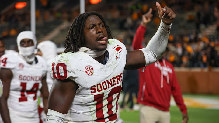 Oklahoma linebacker Kip Lewis celebrates after the Sooners beat Tennessee at Neyland Stadium.