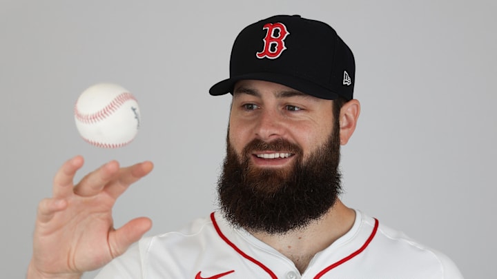 Feb 18, 2025; Lee County, FL, USA; Boston Red Sox pitcher Lucas Giolito (54) participates in media day at JetBlue Park at Fenway South. Mandatory Credit: Nathan Ray Seebeck-Imagn Images