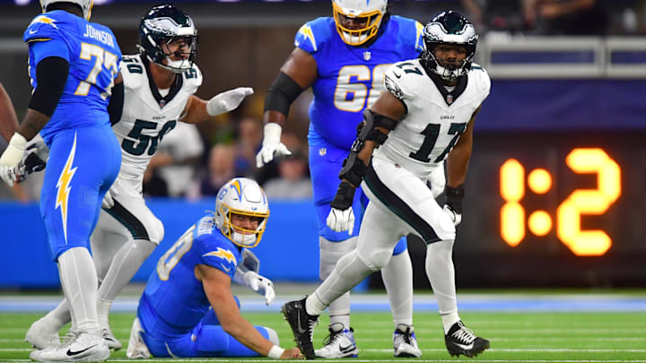 Dec 8, 2025; Inglewood, California, USA; Philadelphia Eagles linebacker Nakobe Dean (17) celebrates after sacking Los Angeles Chargers quarterback Justin Herbert (10) in the first half at SoFi Stadium. Mandatory Credit: Gary A. Vasquez-Imagn Images