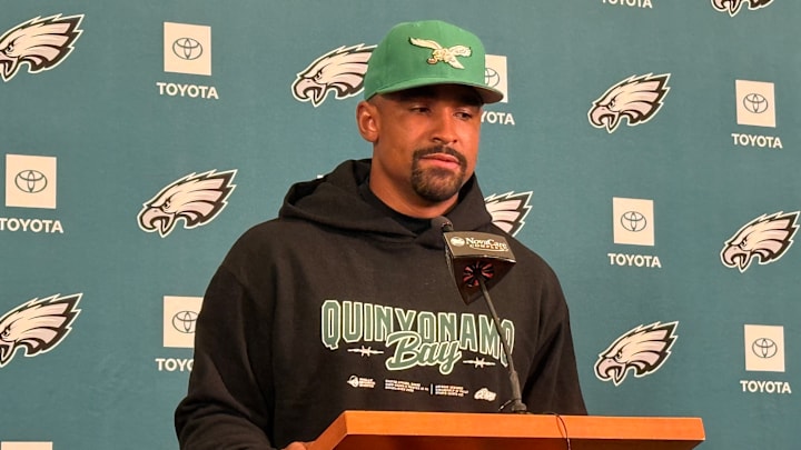 Eagles quarterback Jalen Hurts talks to reporters two days before playing the New York Giants in Week 6. Eagles quarterback Jalen Hurts talks to reporters two days before playing the New York Giants in Week 6.