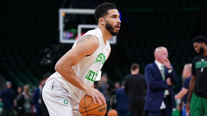 Jun 6, 2024; Boston, Massachusetts, USA; Boston Celtics forward Jayson Tatum (0) warms up before the game against the Dallas Mavericks during game one of the 2024 NBA Finals at TD Garden. Mandatory Credit: David Butler II-USA TODAY Sports Jun 6, 2024; Boston, Massachusetts, USA; Boston Celtics forward Jayson Tatum (0) warms up before the game against the Dallas Mavericks during game one of the 2024 NBA Finals at TD Garden. Mandatory Credit: David Butler II-USA TODAY Sports