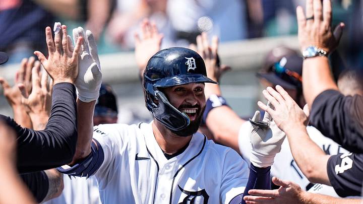 Detroit Tigers left fielder Riley Greene (31) celebrates with teammates in the dugout. Detroit Tigers left fielder Riley Greene (31) celebrates with teammates in the dugout.