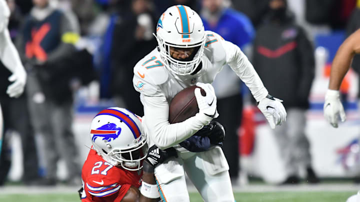 Miami Dolphins wide receiver Jaylen Waddle (17) is tackled after a catch in the first quarter at Highmark Stadium in 2022.