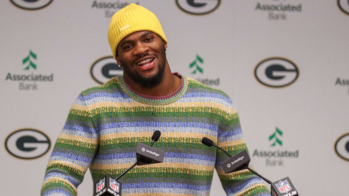 Green Bay Packers edge rusher Micah Parsons speaks during an introductory press conference on Friday, August 29, 2025, at Lambeau Field. The Packers made a trade with the Dallas Cowboys on Aug. 28 to acquire Parsons.