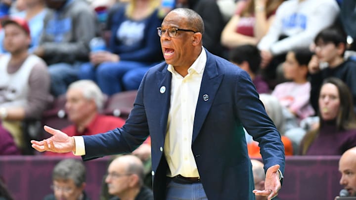Mar 4, 2025; Blacksburg, Virginia, USA;  North Carolina Tar Heels head coach Hubert Davis during a game against Virginia Tech Hokies during the first half at Cassell Coliseum. Mandatory Credit: Brian Bishop-Imagn Images