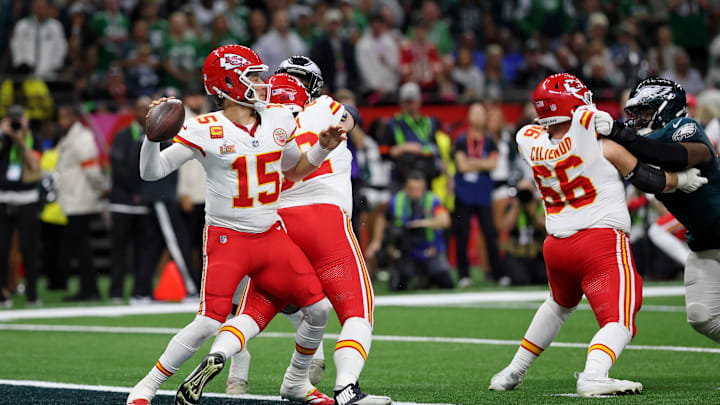 Feb 9, 2025; New Orleans, LA, USA; Kansas City Chiefs quarterback Patrick Mahomes (15) passes the ball against the Philadelphia Eagles during the first half of Super Bowl LIX at Caesars Superdome. Mandatory Credit: Geoff Burke-Imagn Images
