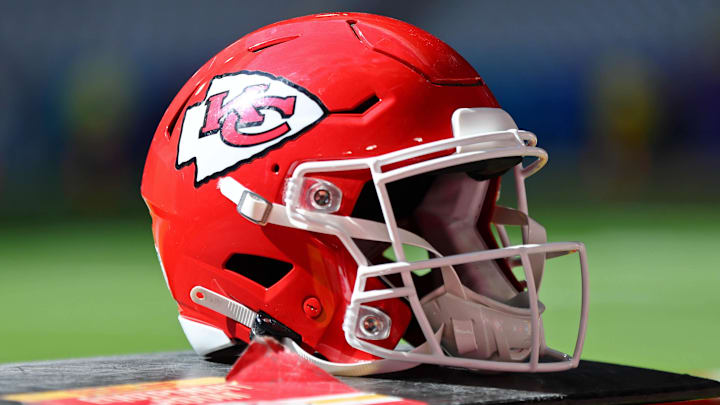 Feb 12, 2023; Glendale, Arizona, US; A detail view of a Kansas City Chiefs helmet before Super Bowl LVII at State Farm Stadium. Mandatory Credit: Mark J. Rebilas-Imagn Images