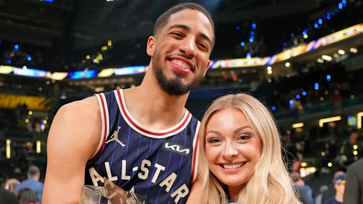 Feb 18, 2024; Indianapolis, Indiana, USA; Eastern Conference guard Tyrese Haliburton (0) of the Indiana Pacers and girlfriend Jade Jones after the 73rd NBA All Star game at Gainbridge Fieldhouse.