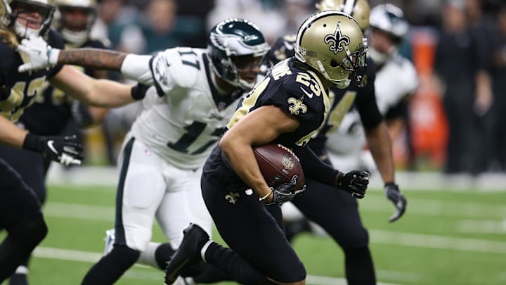 New Orleans Saints cornerback Marshon Lattimore (23) returns an interception against the Philadelphia Eagles New Orleans Saints cornerback Marshon Lattimore (23) returns an interception against the Philadelphia Eagles