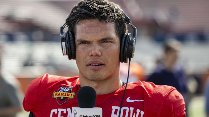 Jan 29, 2025; Mobile, AL, USA; National team quarterback Dillon Gabriel of Oregon (8) talks with media members after Senior Bowl practice at Hancock Whitney Stadium. 