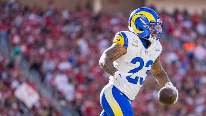 Los Angeles Rams running back Kyren Williams (23) celebrates after scoring a touchdown during the first quarter against the San Francisco 49ers at Levi's Stadium. 