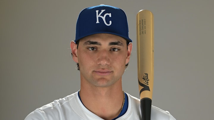 Feb 19, 2025; Surprise, AZ, USA; Kansas City Royals Jac Caglianone (14) poses for a photo during media day. Mandatory Credit: Jayne Kamin-Oncea-Imagn Images  