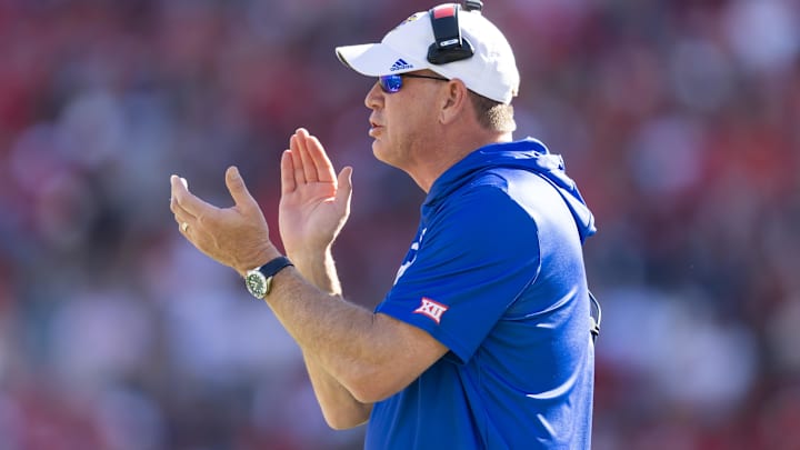 Nov 8, 2025; Tucson, Arizona, USA; Kansas Jayhawks head coach Lance Leipold against the Arizona Wildcats at Arizona Stadium. Mandatory Credit: Mark J. Rebilas-Imagn Images