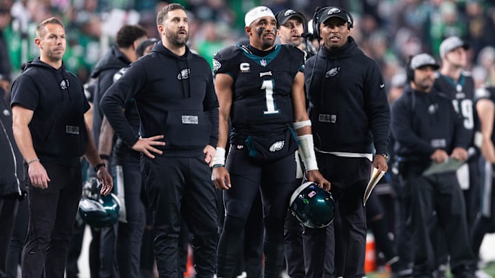 Nick Sirianni (L), Jalen Hurts (M0, Brian Johnson, Philadelphia Eagles 