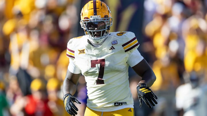 Oct 18, 2025; Tempe, Arizona, USA; Arizona State Sun Devils tight end Chamon Metayer (7) against the Texas Tech Red Raiders at Mountain America Stadium. Mandatory Credit: Mark J. Rebilas-Imagn Images
