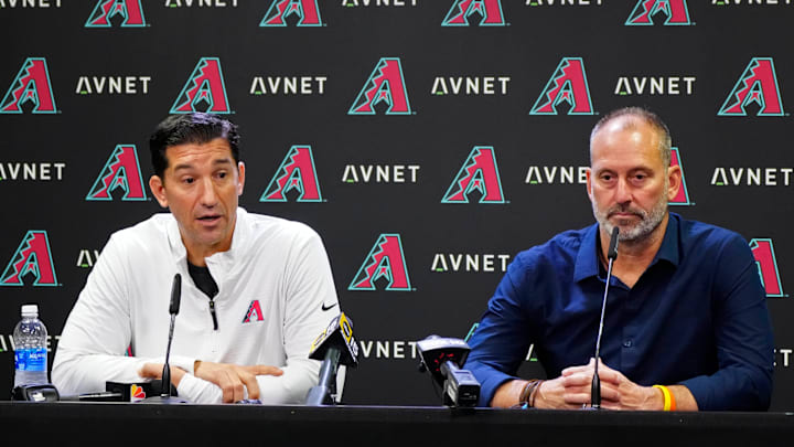 Diamondbacks GM Mike Hazen (left) speaks to the media with Diamondbacks head coach Torey Lovullo after the team was eliminated from playoff contention at Chase Field in Phoenix on Oct. 1, 2024. Diamondbacks GM Mike Hazen (left) speaks to the media with Diamondbacks head coach Torey Lovullo after the team was eliminated from playoff contention at Chase Field in Phoenix on Oct. 1, 2024.