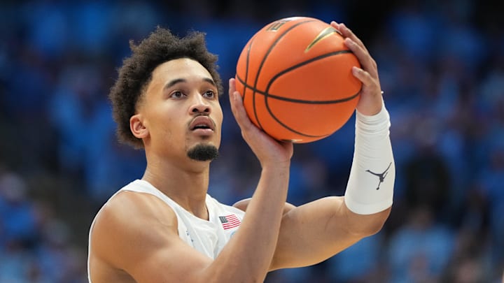 Feb 7, 2026; Chapel Hill, North Carolina, USA; North Carolina Tar Heels guard Seth Trimble (7) at the free throw line in the second half at Dean E. Smith Center. Mandatory Credit: Bob Donnan-Imagn Images