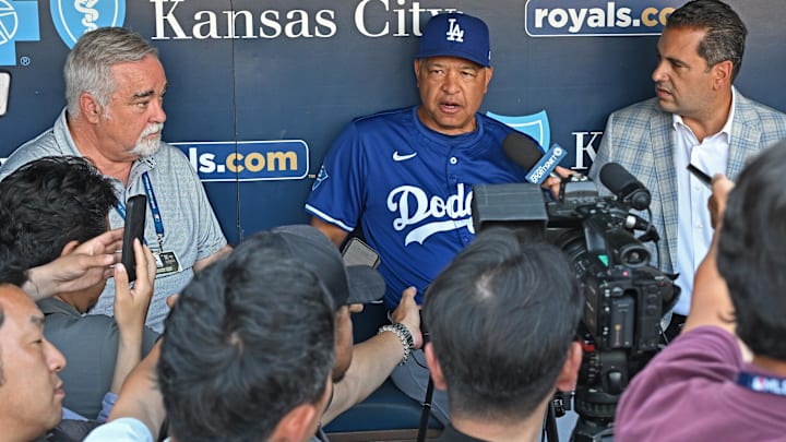 Jun 27, 2025; Kansas City, Missouri, USA;  Los Angeles Dodgers manager Dave Roberts (30) talks with the media before a game against the Kansas City Royals at Kauffman Stadium. Mandatory Credit: Peter Aiken-Imagn Images