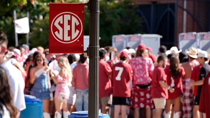 Fans arrive before a college football game between the University of Oklahoma Sooners (OU) and the Tennessee Volunteers at Gaylord Family - Oklahoma Memorial Stadium in Norman, Okla., Saturday, Sept. 21, 2024.