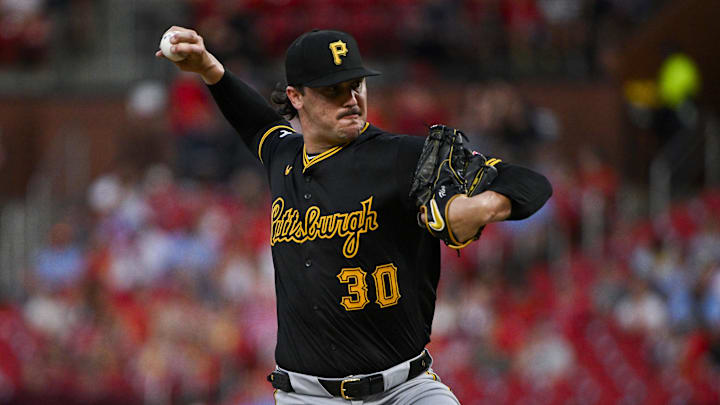 Sep 16, 2024; St. Louis, Missouri, USA; Pittsburgh Pirates starting pitcher Paul Skenes (30) pitches against the St. Louis Cardinals during the first inning at Busch Stadium. Mandatory Credit: Jeff Curry-Imagn Images Sep 16, 2024; St. Louis, Missouri, USA; Pittsburgh Pirates starting pitcher Paul Skenes (30) pitches against the St. Louis Cardinals during the first inning at Busch Stadium. Mandatory Credit: Jeff Curry-Imagn Images