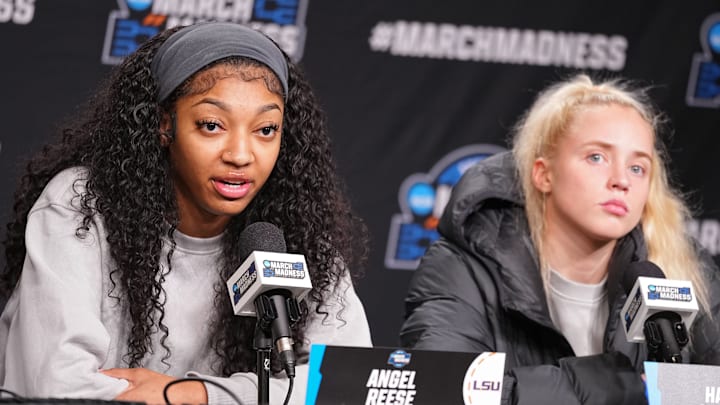 LSU Lady Tigers forward Angel Reese (10) and LSU Lady Tigers guard Hailey Van Lith (11) take questions from the media at MVP Arena, Sunday, March 31, 2024 in Albany, N.Y. LSU Lady Tigers forward Angel Reese (10) and LSU Lady Tigers guard Hailey Van Lith (11) take questions from the media at MVP Arena, Sunday, March 31, 2024 in Albany, N.Y.