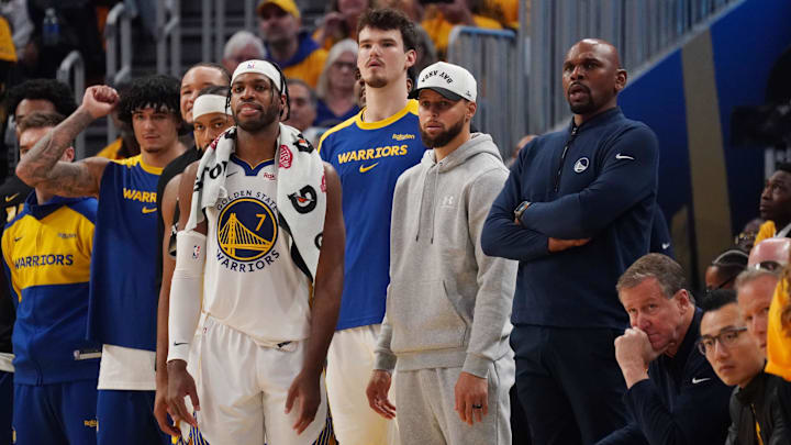 May 10, 2025; San Francisco, California, USA; Golden State Warriors guard Stephen Curry (30) watches from the bench during game three against the Minnesota Timberwolves in the second round of the 2025 NBA Playoffs at Chase Center. Mandatory Credit: David Gonzales-Imagn Images