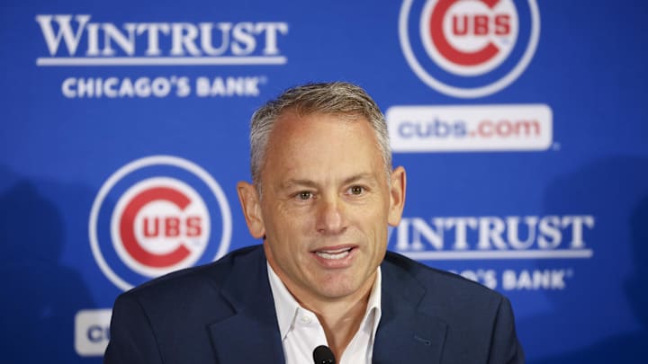 Nov 13, 2023; Chicago, Illinois, USA; Chicago Cubs president of baseball operations Jed Hoyer speaks before introducing Craig Counsell as new Cubs manager during a press conference in Chicago. Nov 13, 2023; Chicago, Illinois, USA; Chicago Cubs president of baseball operations Jed Hoyer speaks before introducing Craig Counsell as new Cubs manager during a press conference in Chicago.