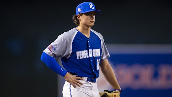 Aug 28, 2022; Phoenix, Arizona, US; East infielder Aidan Miller (16) during the Perfect Game All-American Classic high school baseball game at Chase Field. Aug 28, 2022; Phoenix, Arizona, US; East infielder Aidan Miller (16) during the Perfect Game All-American Classic high school baseball game at Chase Field.