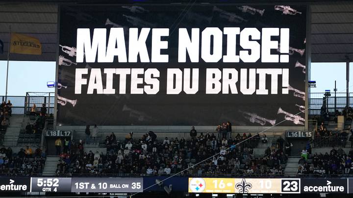 Oct 25, 2026; Paris, FRA; A Make Noise message in English and French during the 2026 NFL Paris Game between the New Orleans Saints and the Pittsburgh Steelers at Stade de France. Mandatory Credit: Kirby Lee-Imagn Images Oct 25, 2026; Paris, FRA; A Make Noise message in English and French during the 2026 NFL Paris Game between the New Orleans Saints and the Pittsburgh Steelers at Stade de France. Mandatory Credit: Kirby Lee-Imagn Images
