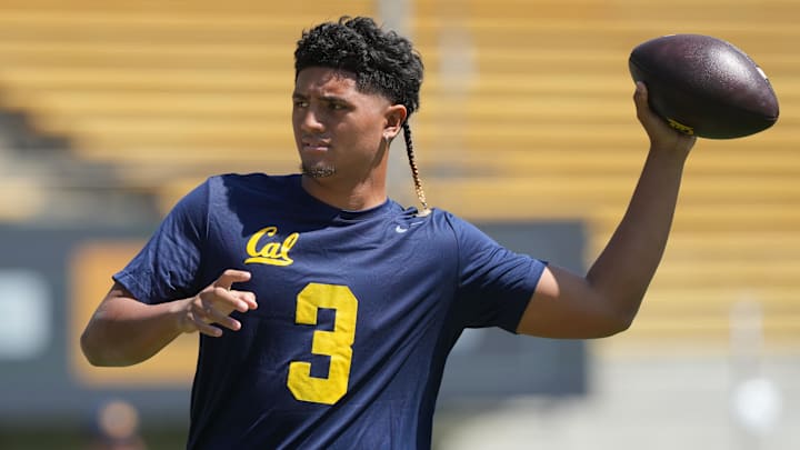 Sep 6, 2025; Berkeley, California, USA; California Golden Bears quarterback Jaron-Keawe Sagapolutele (3) warms up before the game against the Texas Southern Tigers at California Memorial Stadium. Mandatory Credit: Darren Yamashita-Imagn Images