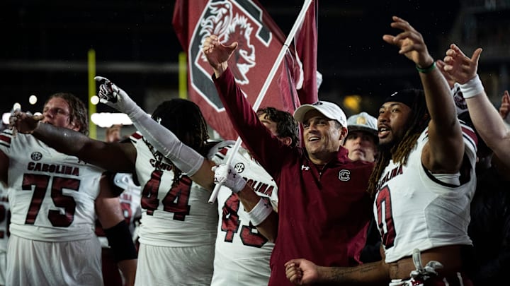 South Carolina Gamecocks head coach Shane Beamer sings the fight song with his team towards the fans after their win against Vanderbilt Commodores at FirstBank Stadium in Nashville, Tenn., Saturday, Nov. 9, 2024.
