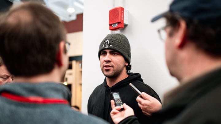 Boston Red Sox prospect Marcelo Mayer talks with reporters during the Red Sox Development Program inside the Sox clubhouse at Fenway Park on Wednesday. Boston Red Sox prospect Marcelo Mayer talks with reporters during the Red Sox Development Program inside the Sox clubhouse at Fenway Park on Wednesday.