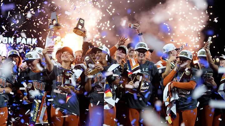 The Texas Longhorns celebrate after winning the NCAA softball Women's College World Series championship over the Texas Tech Red Raiders at Devon Park in Oklahoma City, June 4, 2026. The Texas Longhorns celebrate after winning the NCAA softball Women's College World Series championship over the Texas Tech Red Raiders at Devon Park in Oklahoma City, June 4, 2026.