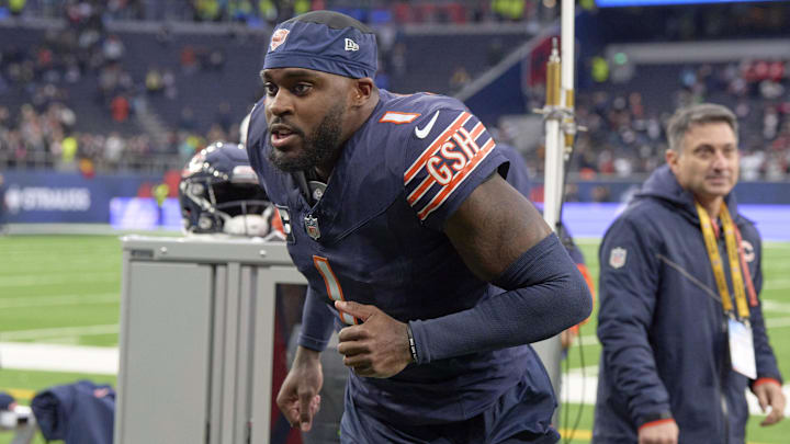 Oct 13, 2024; London, United Kingdom; Chicago Bears cornerback Jaylon Johnson (1) after an NFL International Series game at Tottenham Hotspur Stadium. Mandatory Credit: Peter van den Berg-Imagn Images
